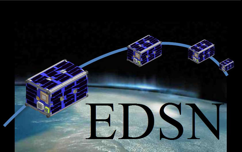 EDSN mission logo, featuring four CubeSats in a tight array orbiting the Earth