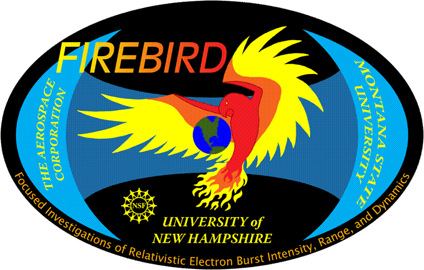 FIREBIRD 1 mission patch, featuring a phoenix encircled by a banner representing the Van Allen belts
