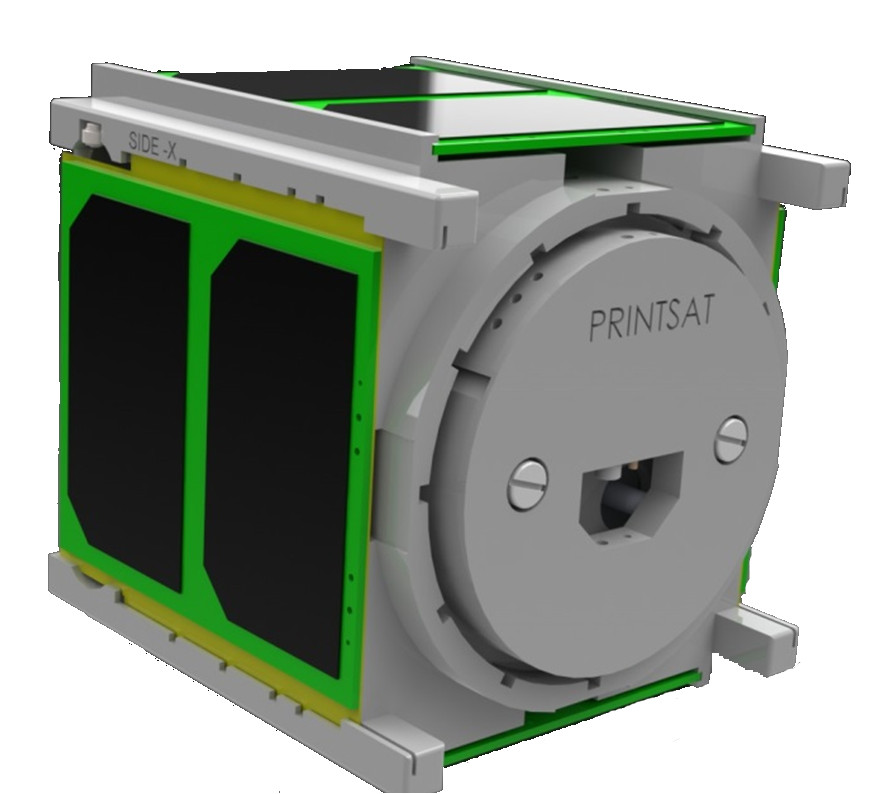3D rendering of PrintSat laying on its side with the logo facing towards the reader
