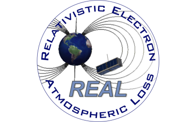 REAL logo, shows a CubeSat in orbit around the Earth measuring waves