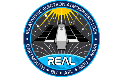 REAL logo, shows a CubeSat in orbit around the Earth measuring waves