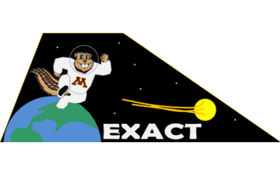 EXACT logo, shows the UMN mascot standing on Earth and looking out towards a distant star