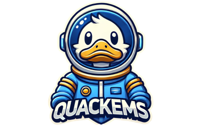 QUACKEMS logo, shows a duck in a spacesuit