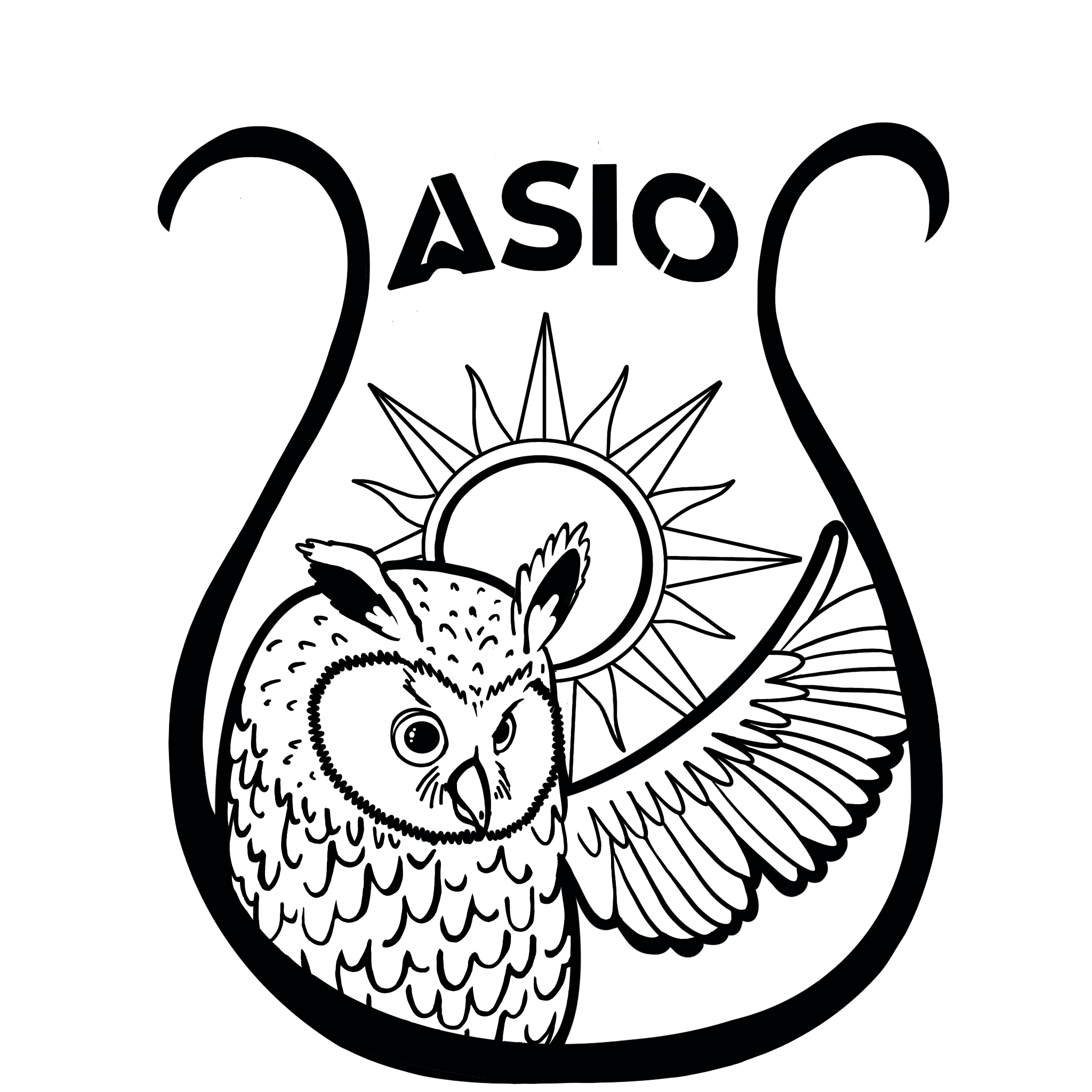 ASIO logo showing an owl and a sun inside a lyre