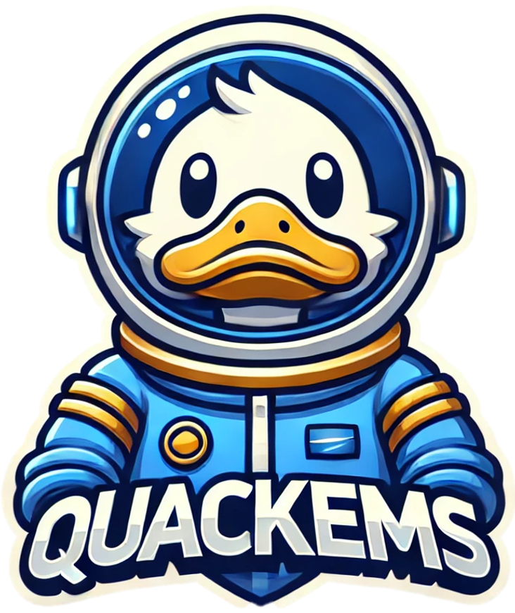 QUACKEMS logo QUACKEMS logo showing a duck in a spacesuit